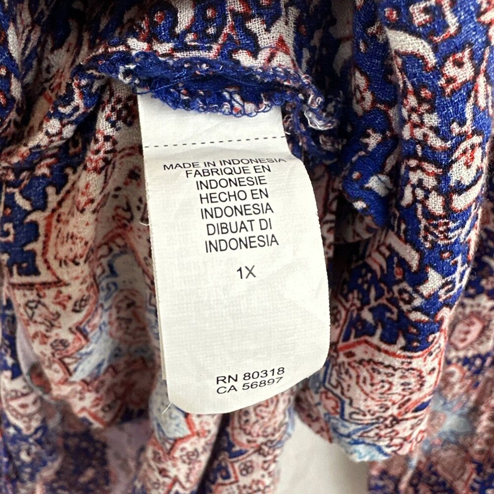 Lucky Brand Boho Blue Colorful Tie Popover Peasant Top Womens Sz 1X Festival - Picture 6 of 8
